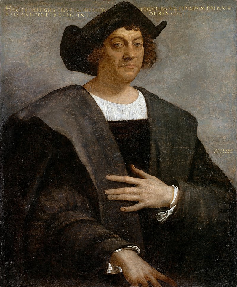 ¿Qué encontró Colón en América? 2 Fuente retrato: Wikipedia-Retrato de hombre, óleo sobre lienzo de Sebastiano del Piombo, fechado en 1519, con una leyenda de dudosa autenticidad que lo identifica como el ligur Colombo, «el primero en entrar en barco en el mundo de las Antípodas» (Nueva York, Metropolitan Museum)